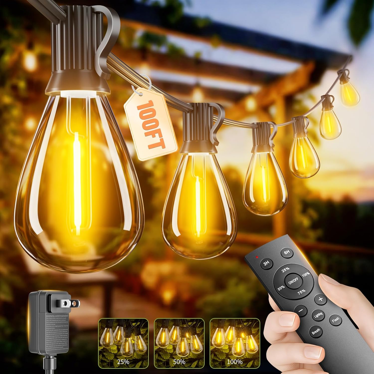 100 ft Dimmable Outdoor String Lights